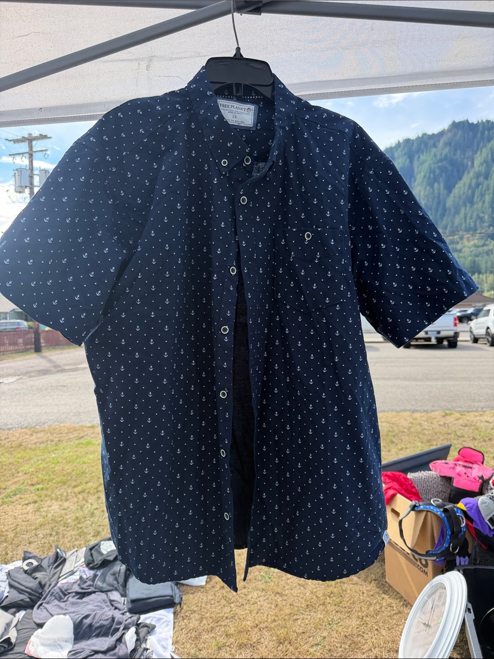 Free Planet Navy Short-Sleeve Button-Down Shirt with White Anchor Print